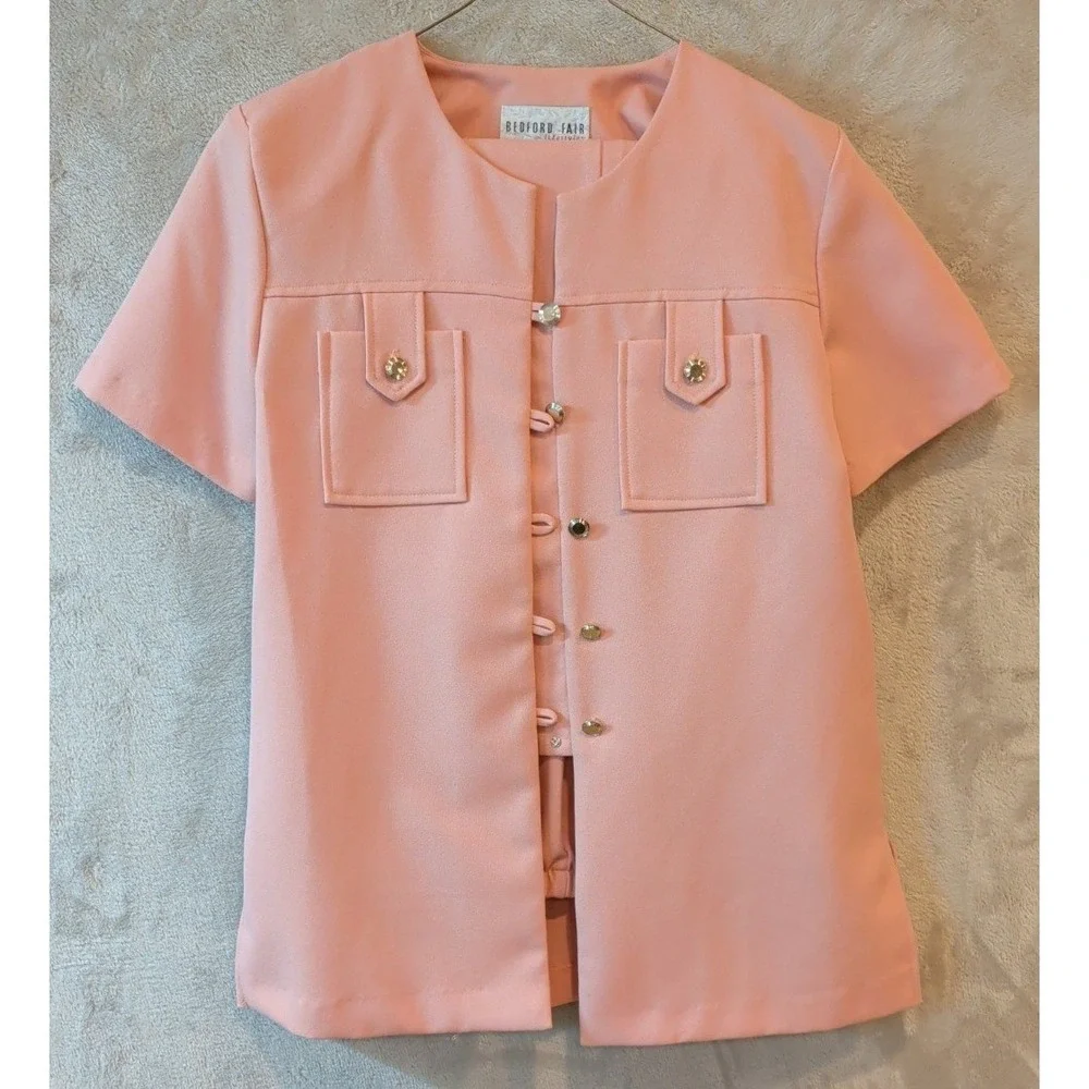 Bedford Fair Lifestyles Pink 2 Piece Pant Set Short Sleeve Button Top Size 10